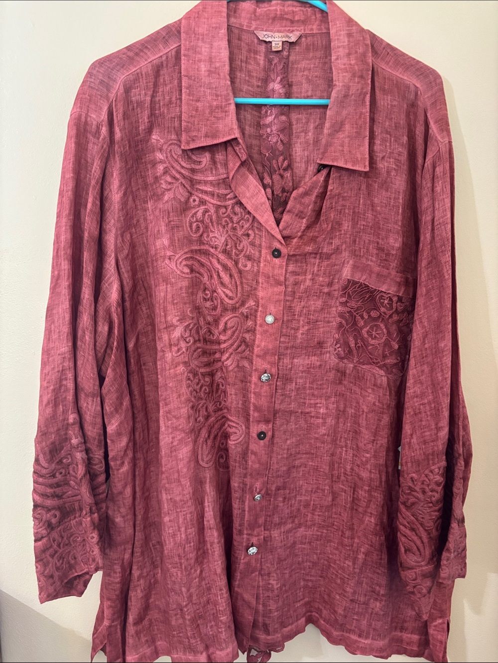 John Mark Women's Long Sleeve Embroidered Button-Front Blouse in Dusty Rose
